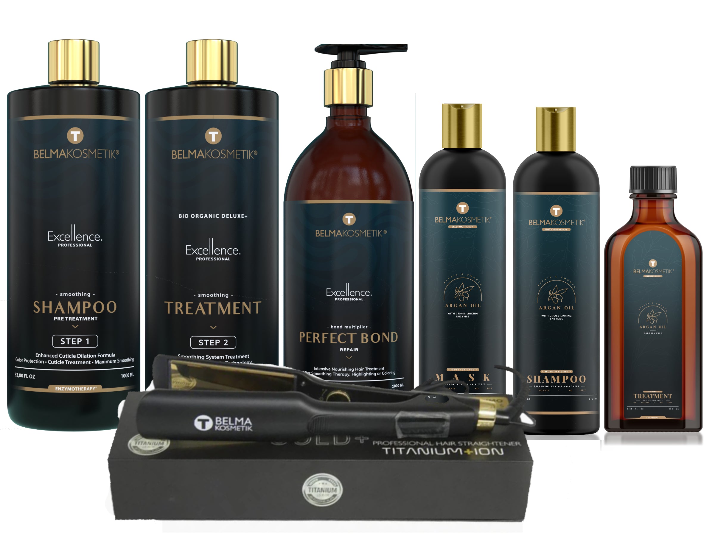 Set of Belma Cosmetics hair care products including shampoo, treatment, and mask with a hair dryer on a white background.